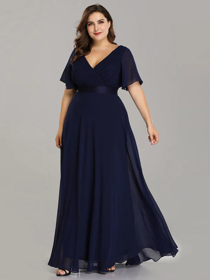 Double V-Neck Ruffles Padded Plus Size Evening Dresses