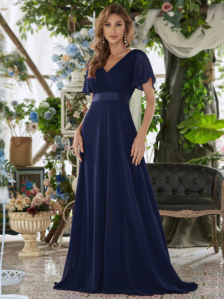 Glamorous Double V-Neck Ruffles Padded Chiffon Evening Dresses