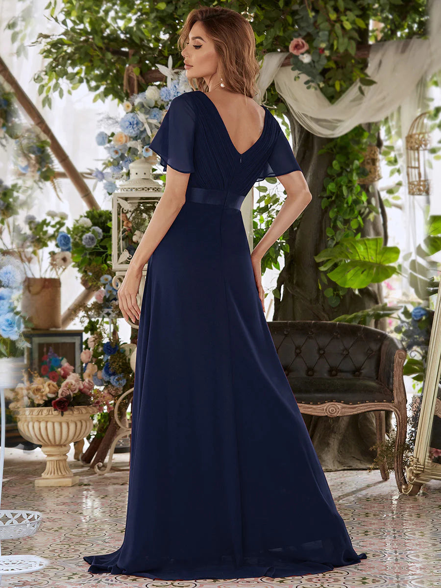 Glamorous Double V-Neck Ruffles Padded Chiffon Evening Dresses
