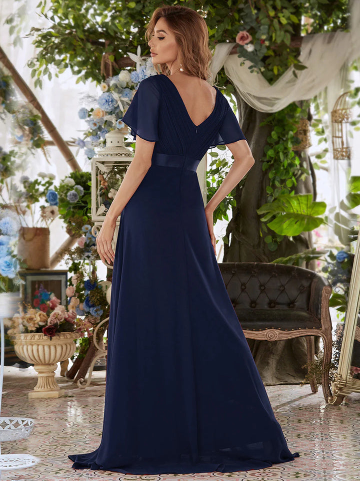 Glamorous Double V-Neck Ruffles Padded Chiffon Evening Dresses