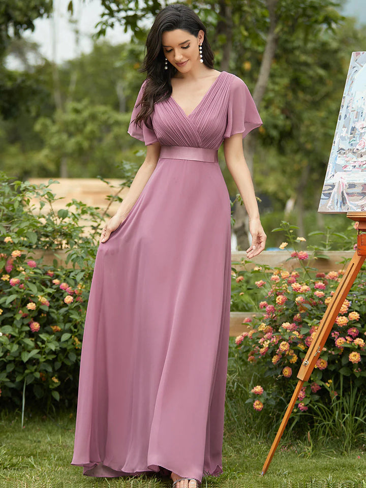 Glamorous Double V-Neck Ruffles Padded Chiffon Evening Dresses