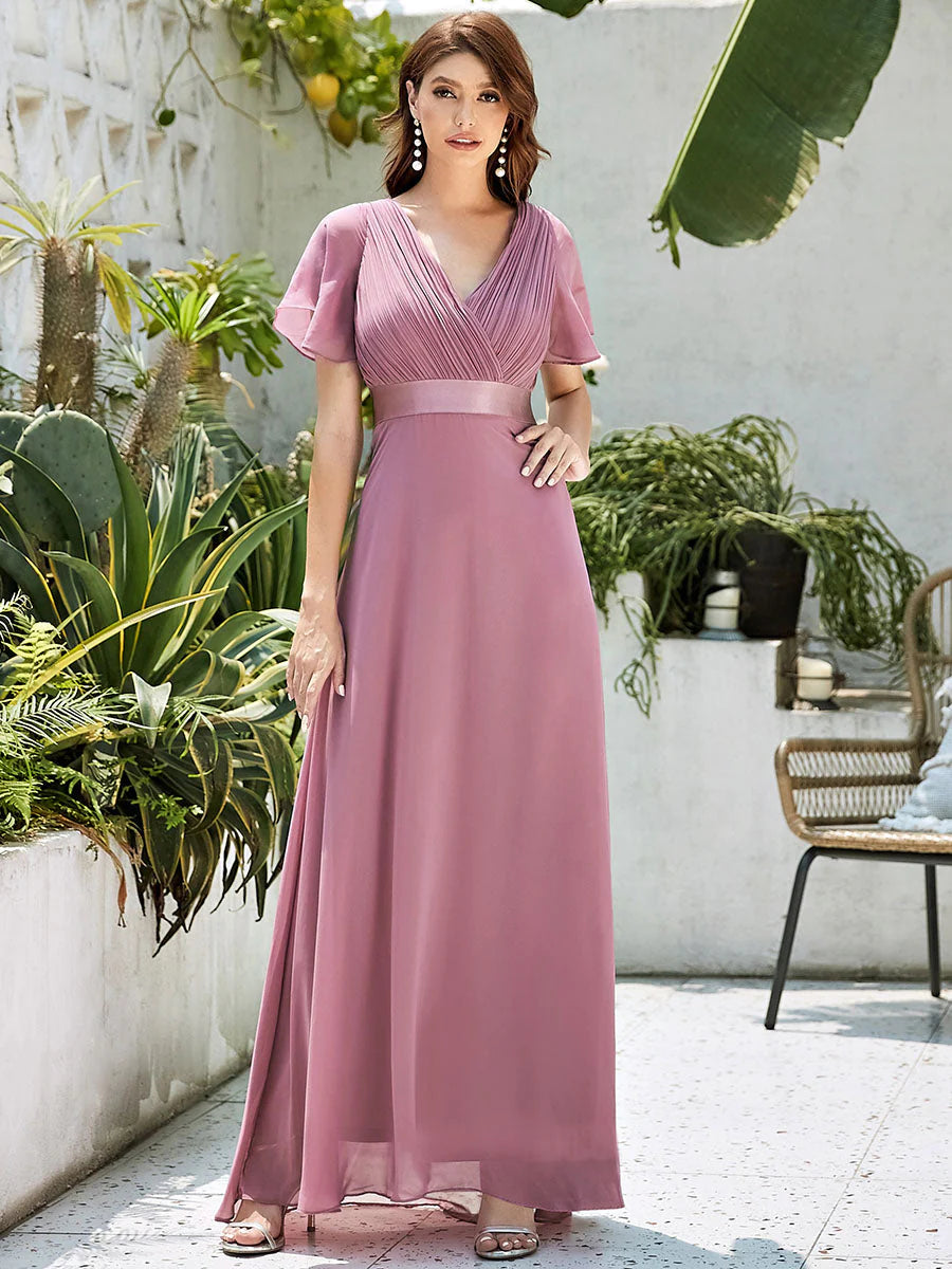 Glamorous Double V-Neck Ruffles Padded Chiffon Evening Dresses