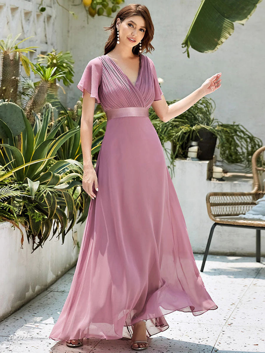 Glamorous Double V-Neck Ruffles Padded Chiffon Evening Dresses