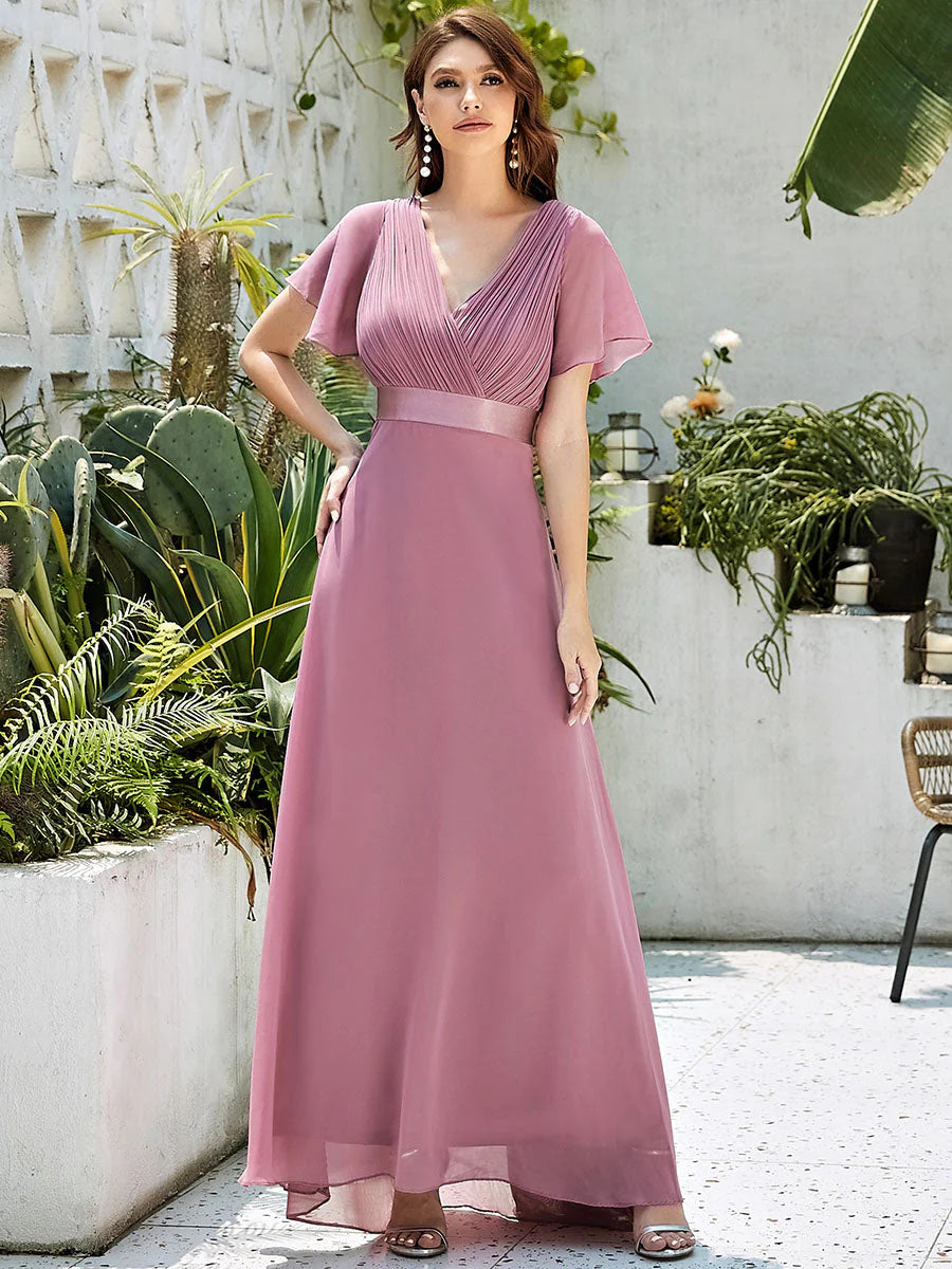 Glamorous Double V-Neck Ruffles Padded Chiffon Evening Dresses