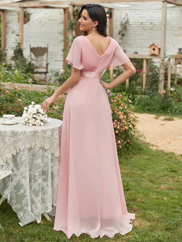 Glamorous Double V-Neck Ruffles Padded Chiffon Evening Dresses