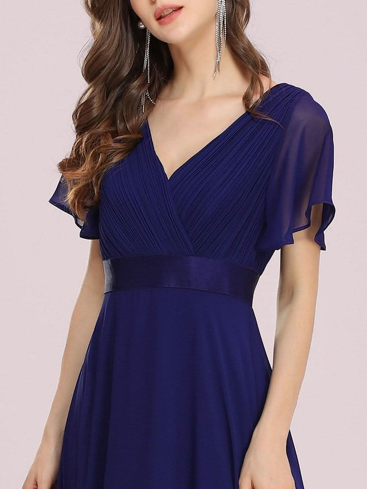 Long Empire Waist Evening Dress with Short Flutter Sleeves Sale price