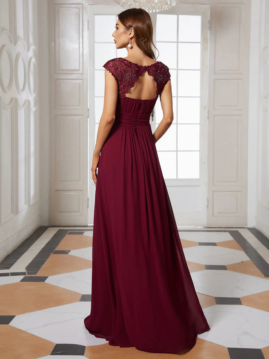 Lacey Neckline Open Back Ruched Bust Formal Dresses - CALABRO®