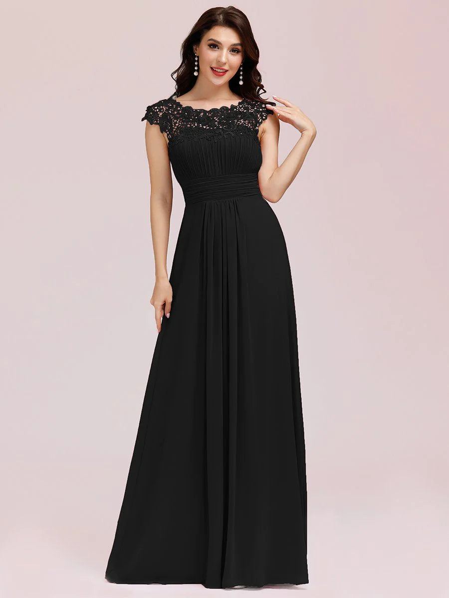 Lacey Neckline Open Back Ruched Bust Formal Dresses - CALABRO®