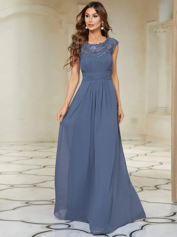 Lacey Neckline Open Back Ruched Bust Evening Dresses