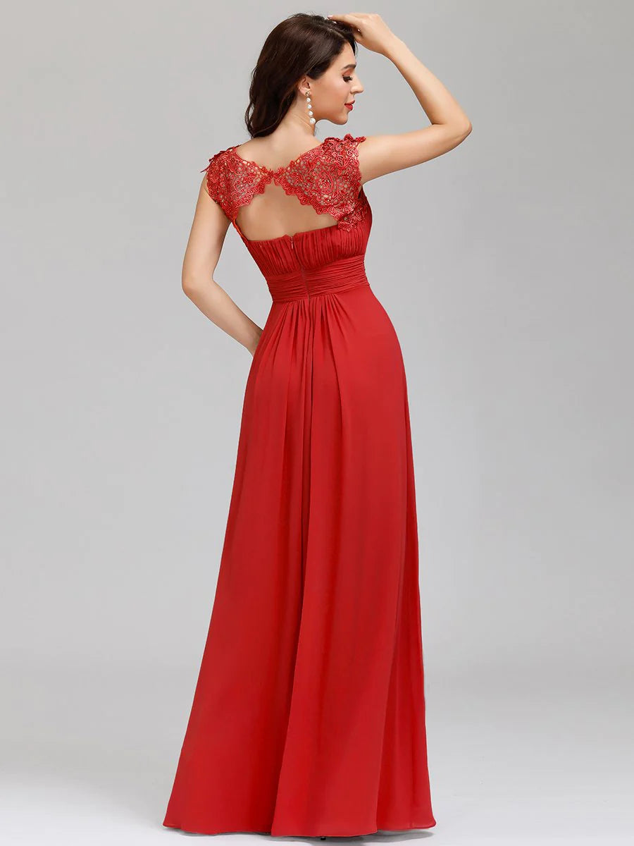 Lacey Neckline Open Back Ruched Bust Formal Dresses - CALABRO®