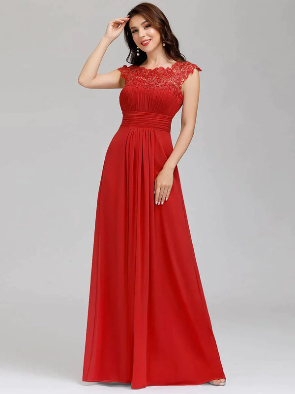 Lace Neckline Open Back Ruched Bust Plus Size Evening Dresses