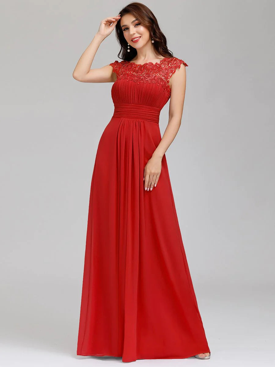 Lacey Neckline Open Back Ruched Bust Formal Dresses - CALABRO®