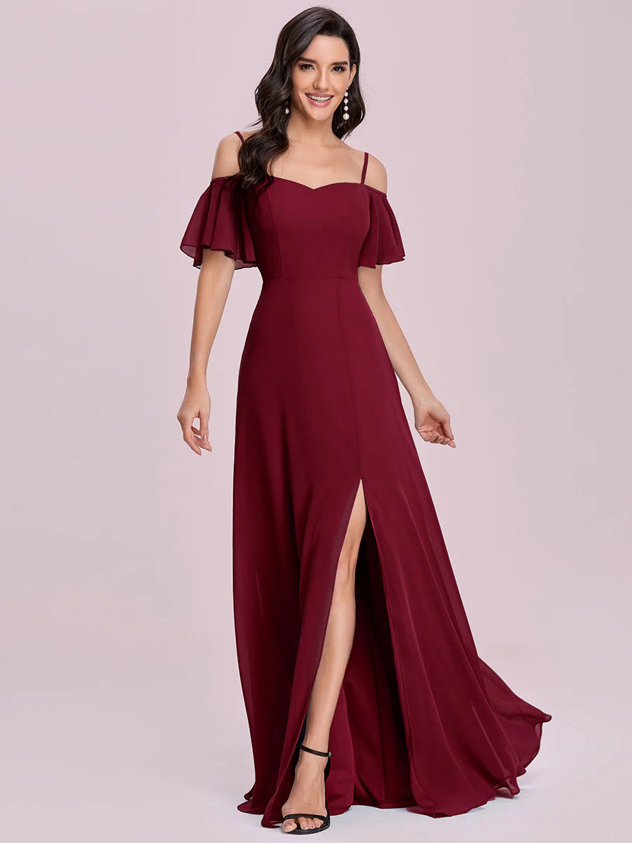 High Split Chiffon Bridesmaid Dress With Spaghetti Straps