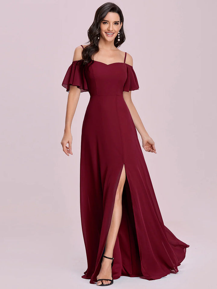High Split Chiffon Bridesmaid Dress With Spaghetti Straps