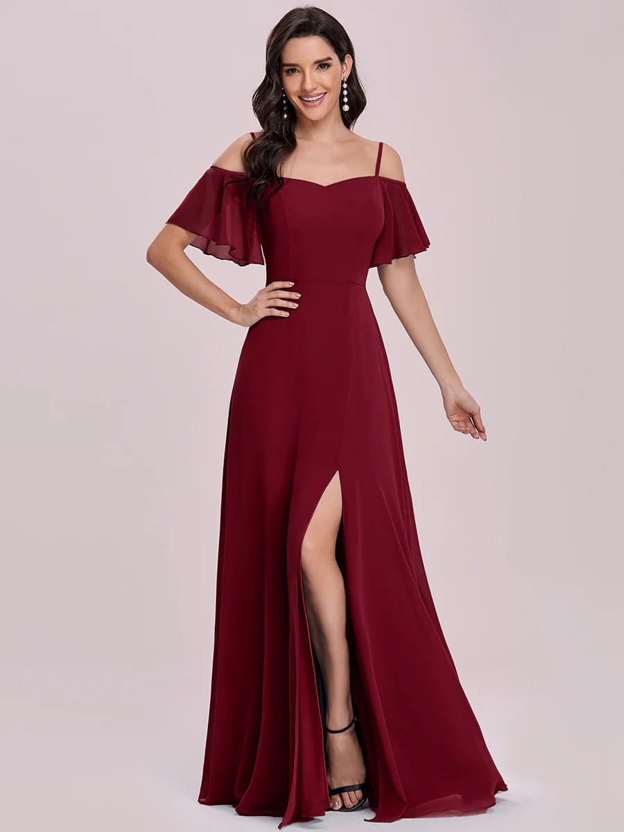 High Split Chiffon Bridesmaid Dress With Spaghetti Straps