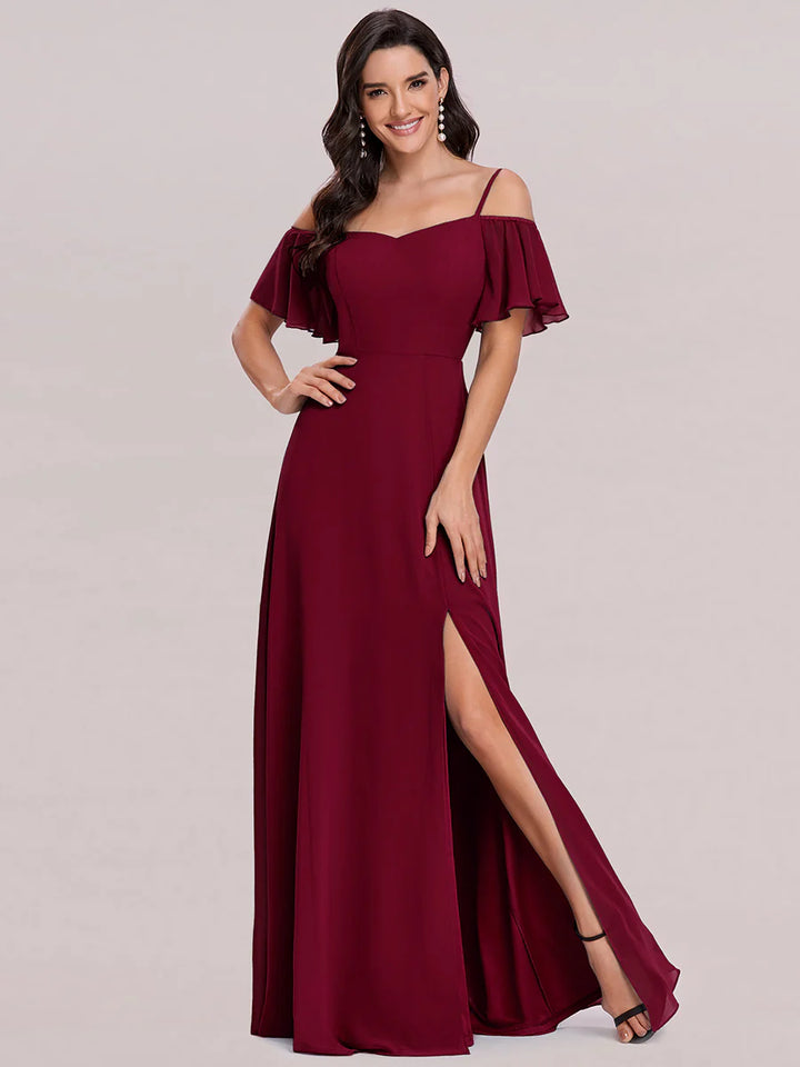 High Split Chiffon Bridesmaid Dress With Spaghetti Straps