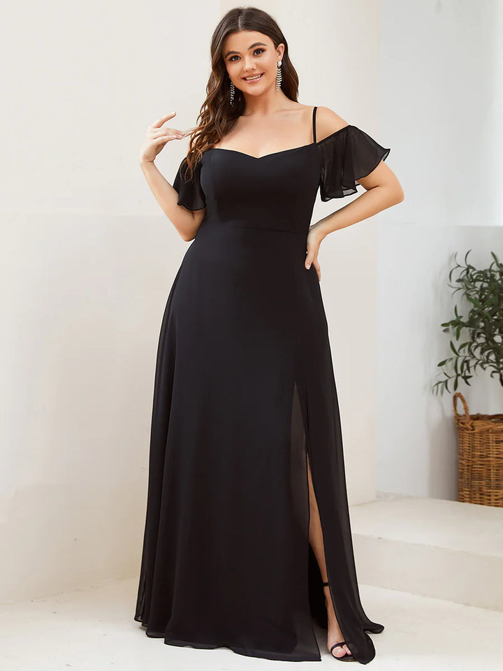 Cold Shoulder Flowy Thigh Slit Plus Size Evening Dress - CALABRO®