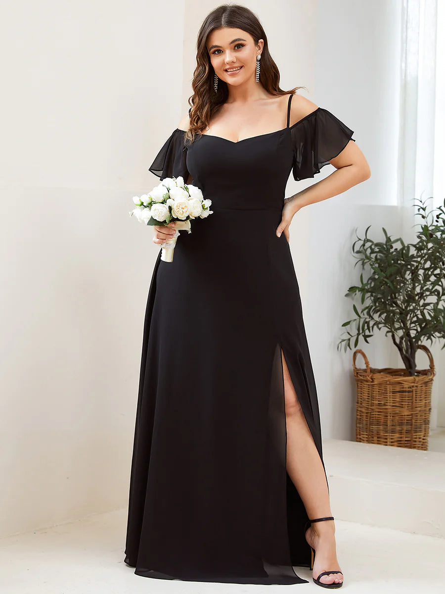 Cold Shoulder Flowy Thigh Slit Plus Size Evening Dress - CALABRO®