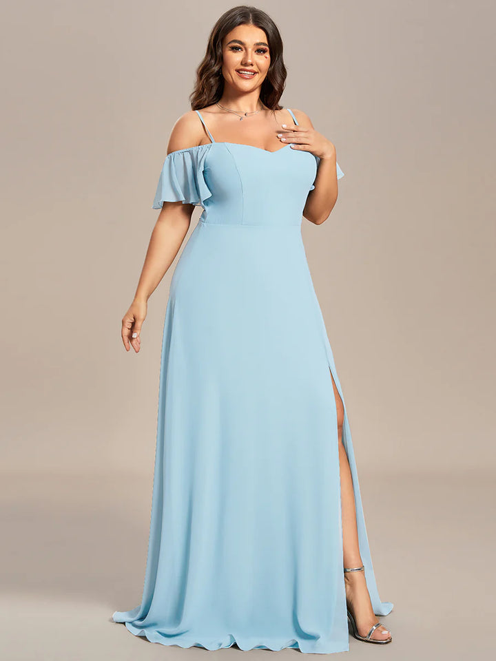 Cold Shoulder Flowy Thigh Slit Plus Size Evening Dress - CALABRO®