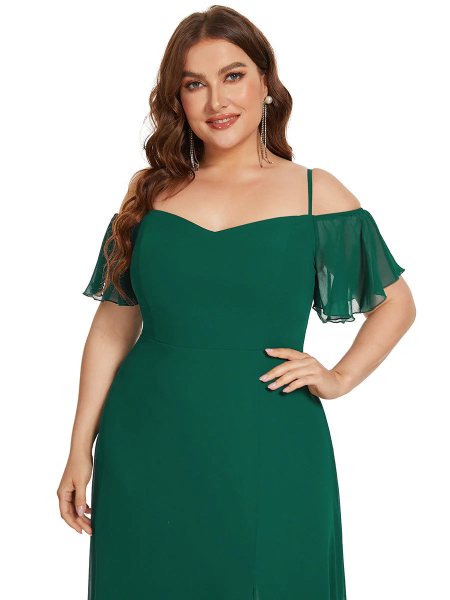 Cold Shoulder Flowy Thigh Slit Plus Size Evening Dress - CALABRO®