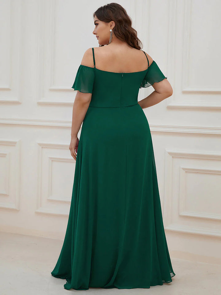 Cold Shoulder Flowy Thigh Slit Plus Size Evening Dress - CALABRO®