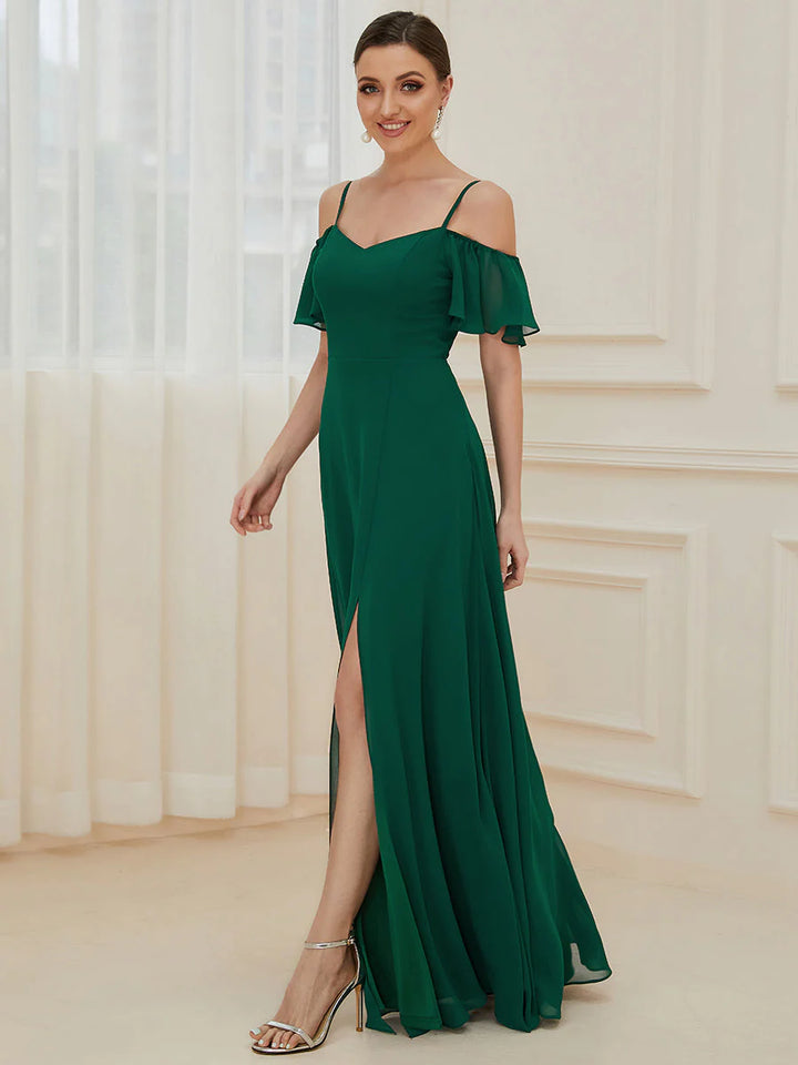 Flattering Deep V Neck Flare Sleeves Bridesmaid Dresses