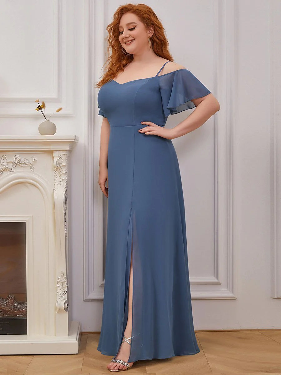 Cold Shoulder Flowy Thigh Slit Plus Size Evening Dress - CALABRO®