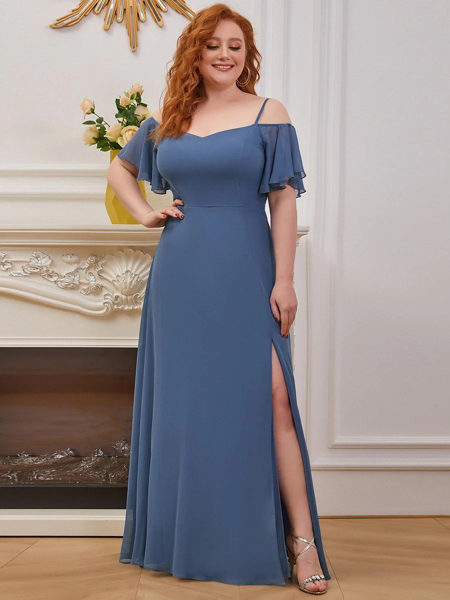 Cold Shoulder Flowy Thigh Slit Plus Size Evening Dress - CALABRO®