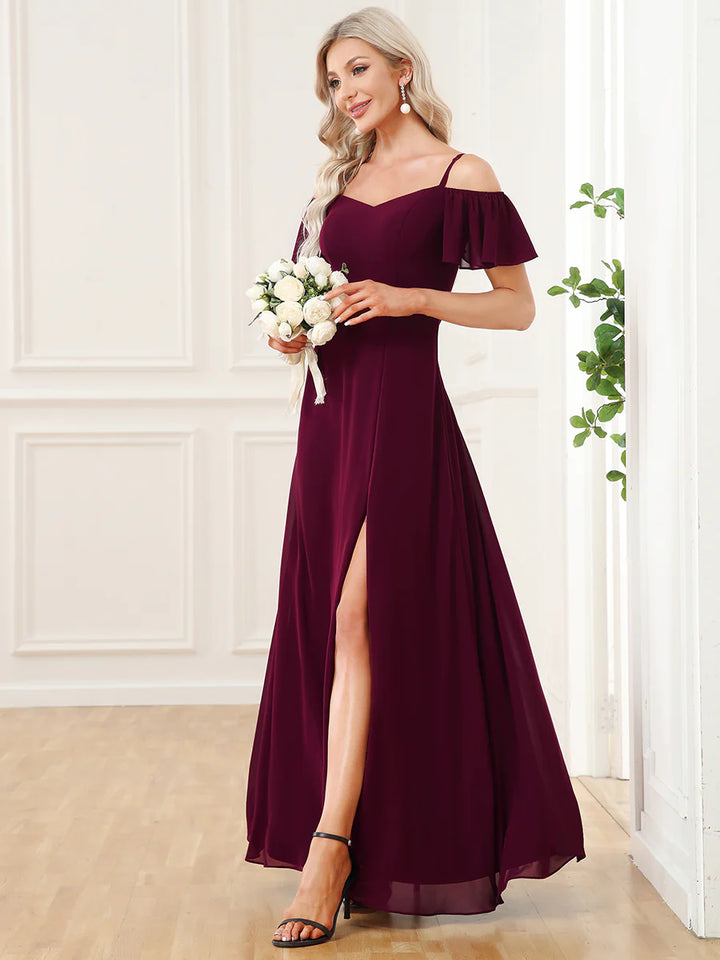 Off-Shoulder Ruffle Sleeve Thigh Slit Bridesmaid Dress - CALABRO®