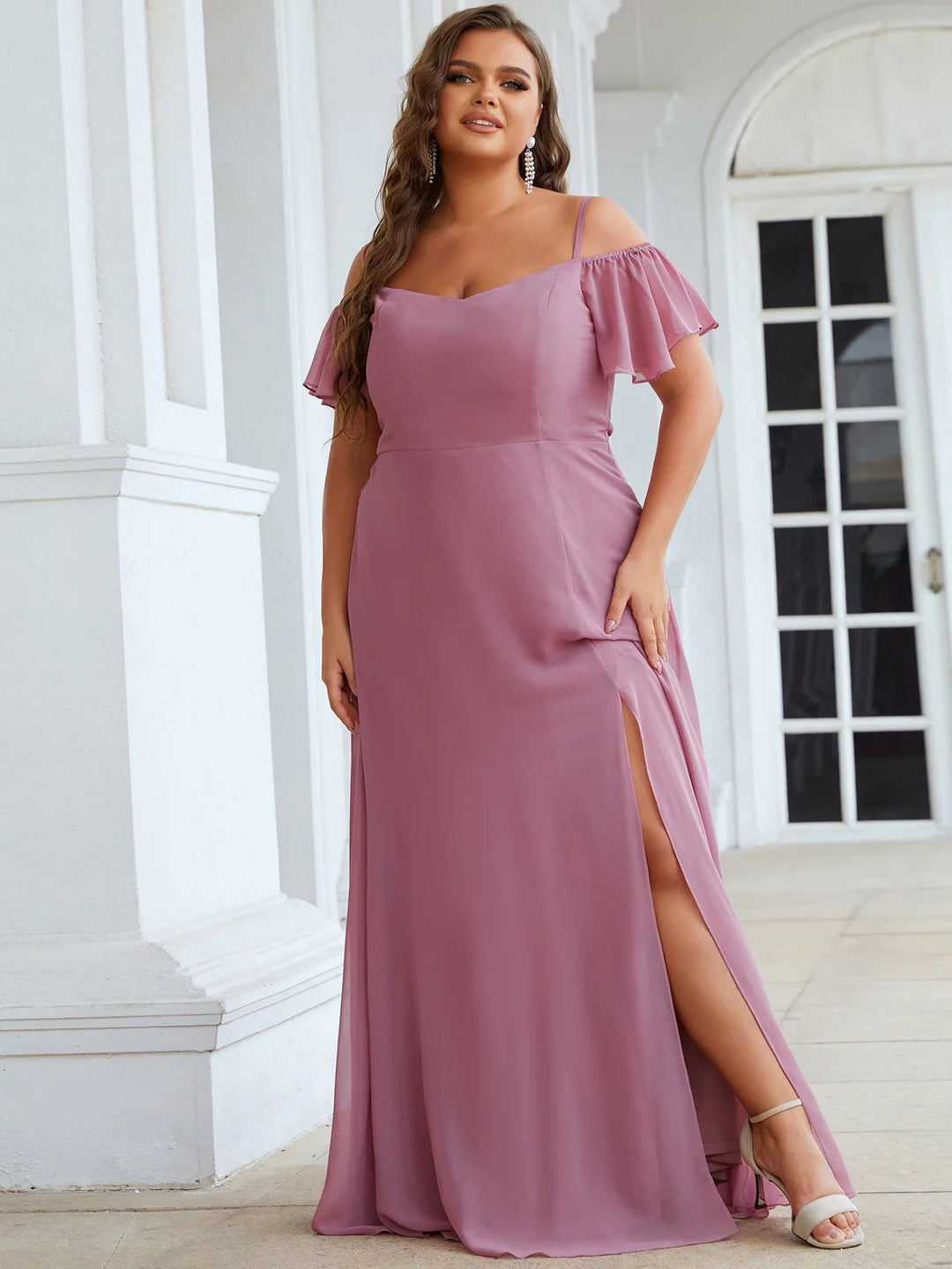 Cold Shoulder Flowy Thigh Slit Plus Size Evening Dress - CALABRO®