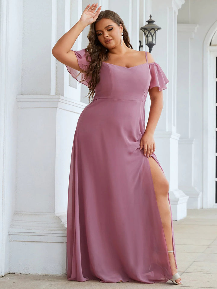 Cold Shoulder Flowy Thigh Slit Plus Size Evening Dress - CALABRO®