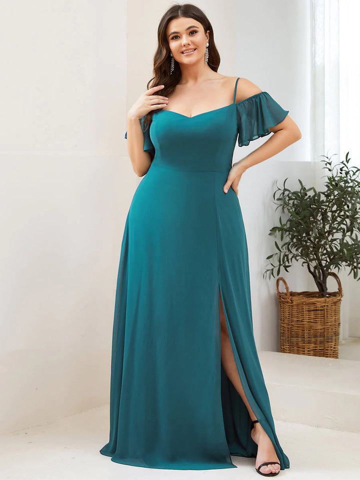 Off-Shoulder Ruffle Sleeve Plus Size Evening Dress - CALABRO®