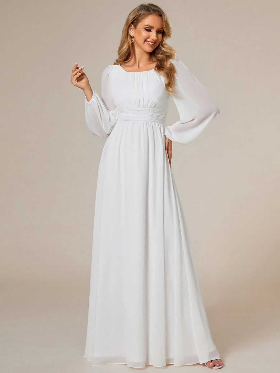 Round Neck Modest Wedding Dress with Long Lantern Sleeves - CALABRO®