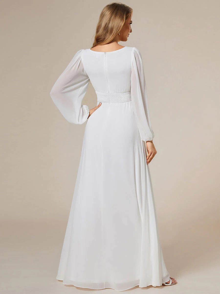 Round Neck Modest Wedding Dress with Long Lantern Sleeves