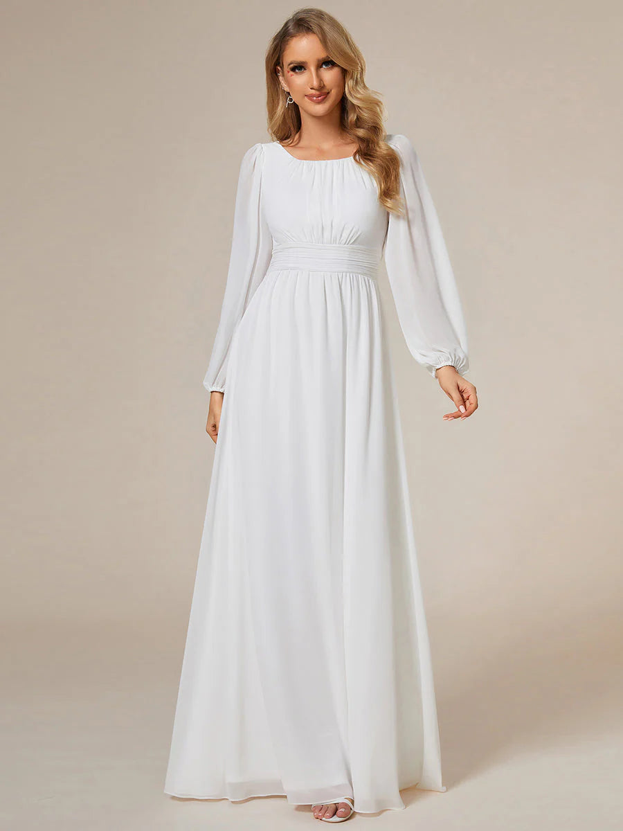 Round Neck Modest Wedding Dress with Long Lantern Sleeves