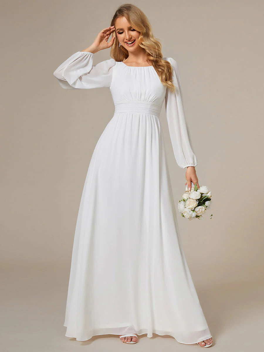 Round Neck Modest Wedding Dress with Long Lantern Sleeves