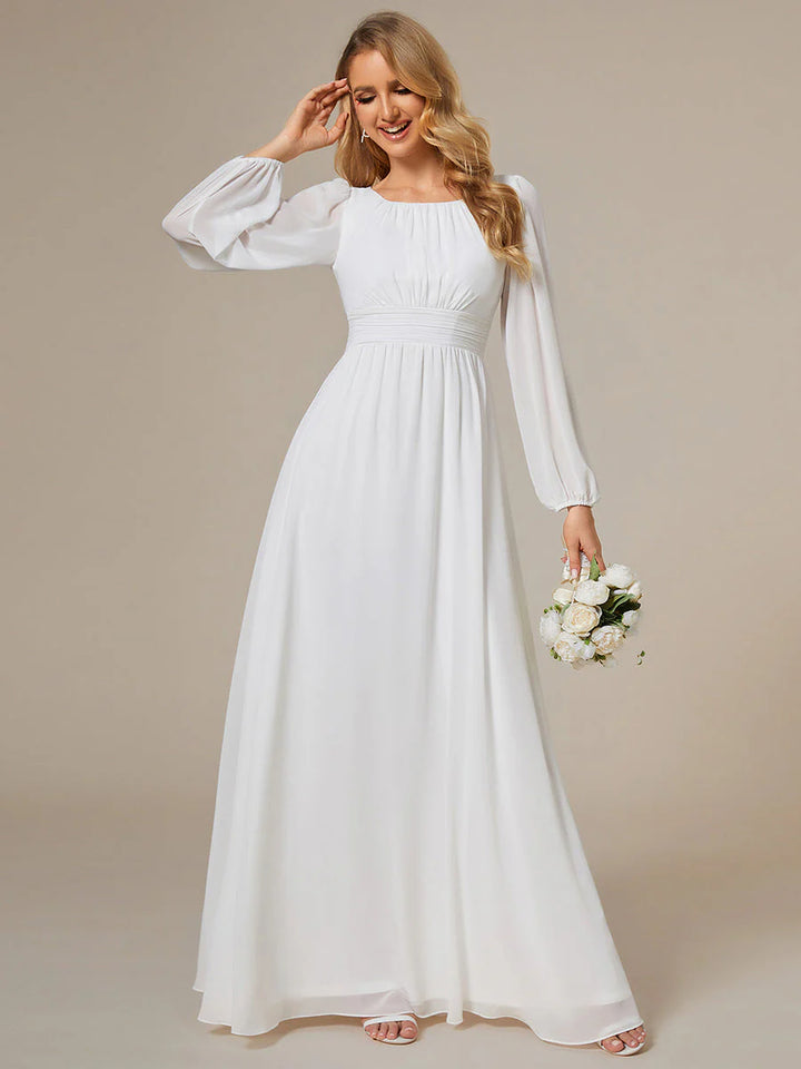 Round Neck Modest Wedding Dress with Long Lantern Sleeves