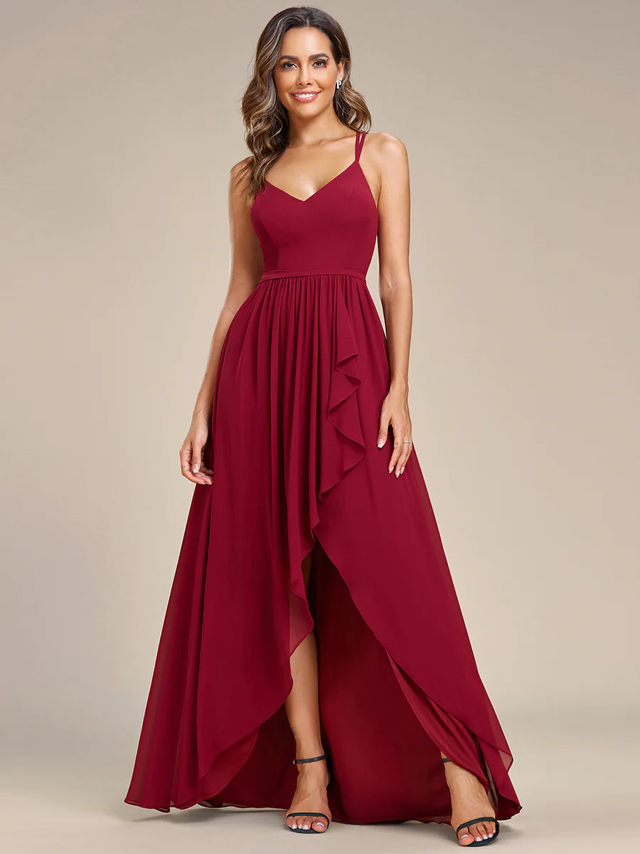 Spaghetti Straps Slit A-Line Chiffon Ruffle Bridesmaid Dress - CALABRO®