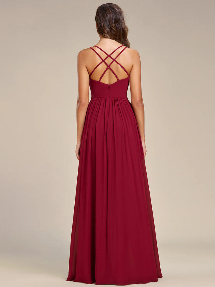 Spaghetti Straps Slit A-Line Chiffon Ruffle Bridesmaid Dress - CALABRO®