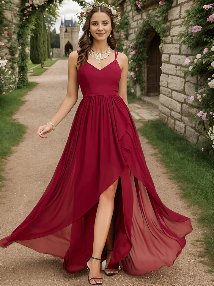 Spaghetti Straps Slit A-Line Chiffon Ruffle Bridesmaid Dress - CALABRO®