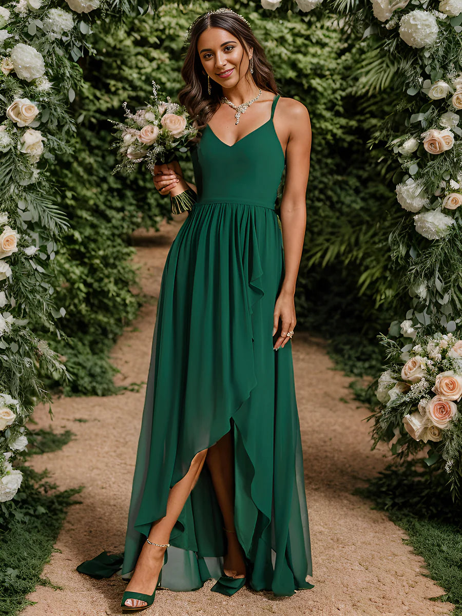 Spaghetti Straps Slit A-Line Chiffon Ruffle Bridesmaid Dress - CALABRO®