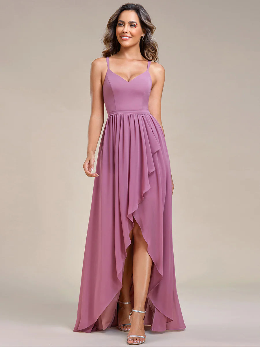 Spaghetti Straps Slit A-Line Chiffon Ruffle Bridesmaid Dress - CALABRO®