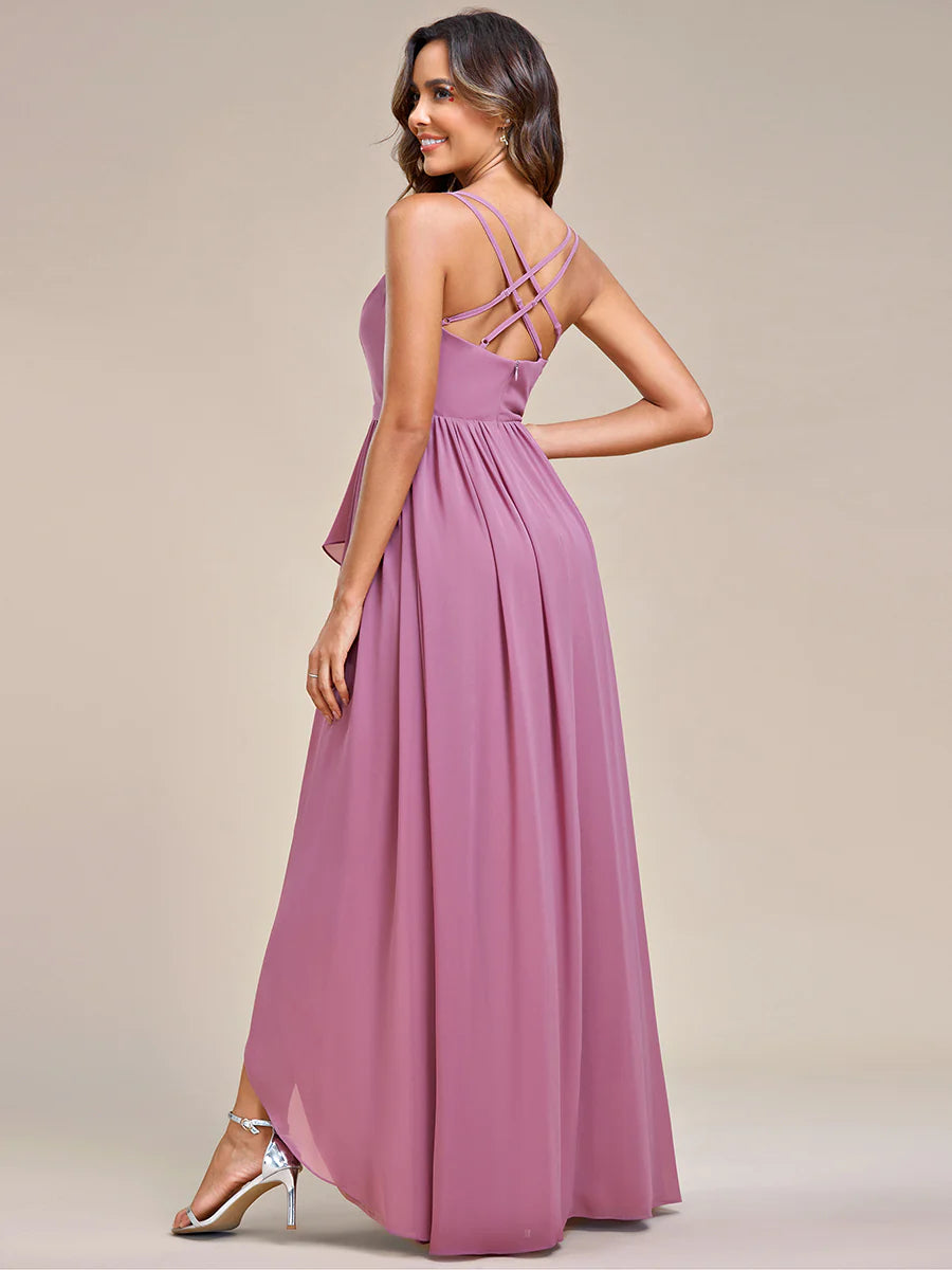 Spaghetti Straps Slit A-Line Chiffon Ruffle Bridesmaid Dress - CALABRO®