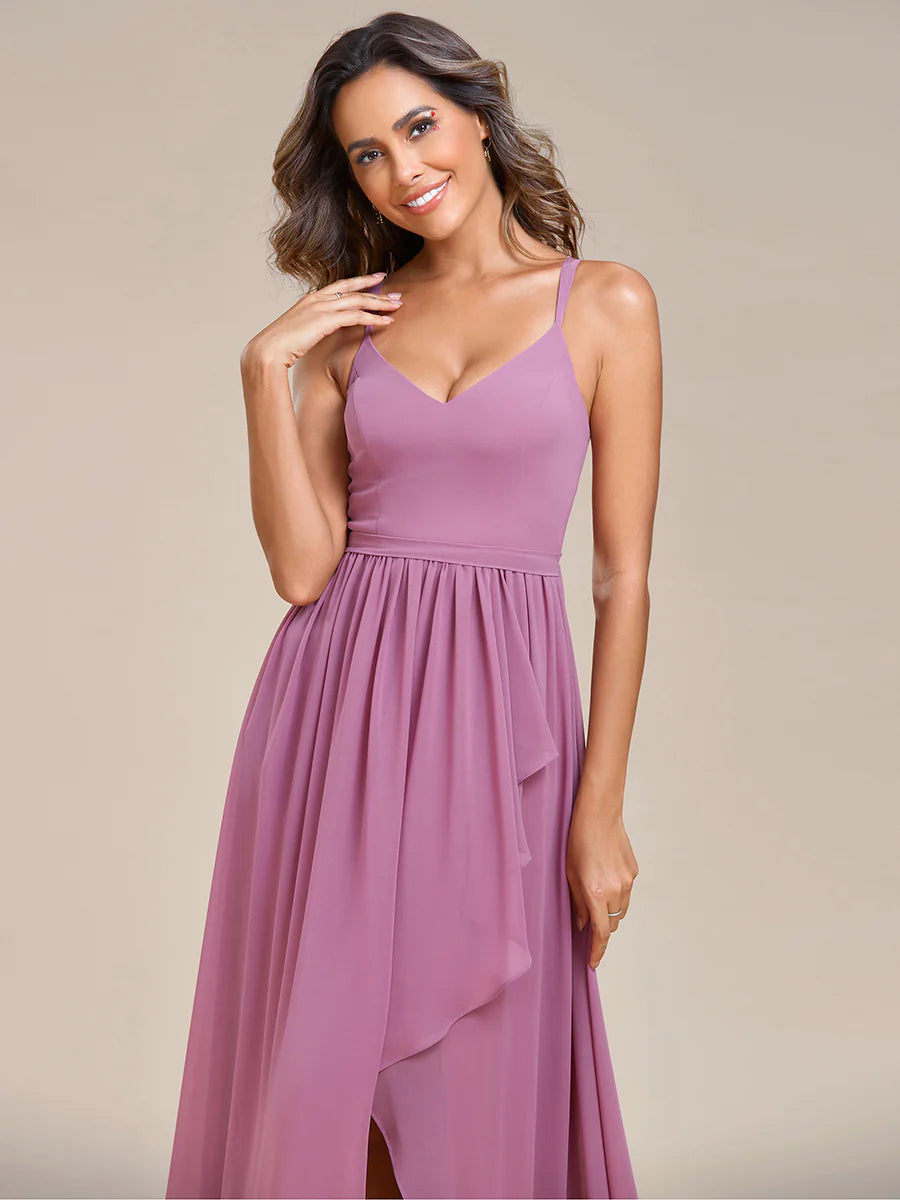 Spaghetti Straps Slit A-Line Chiffon Ruffle Bridesmaid Dress - CALABRO®