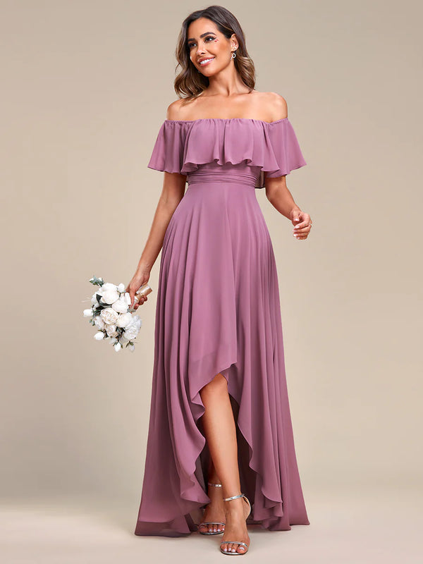 Off Shoulder Chiffon Split Bridesmaid Dress