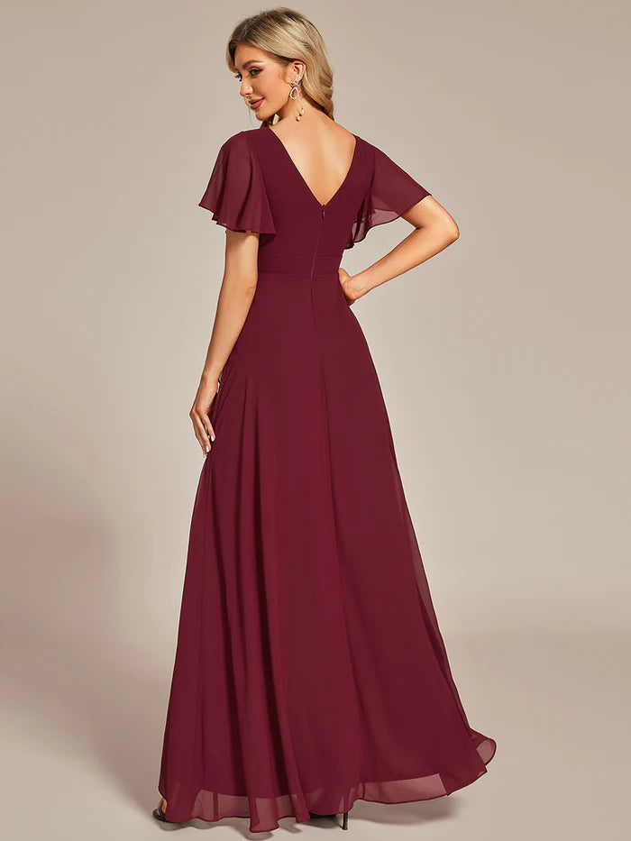 Plus V Neck High Low Ruffles Chiffon Bridesmaid Dresses - CALABRO®