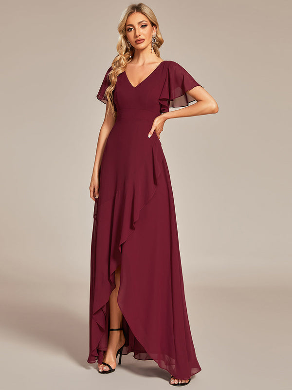 V Neck High Low Ruffles Chiffon Bridesmaid Dresses