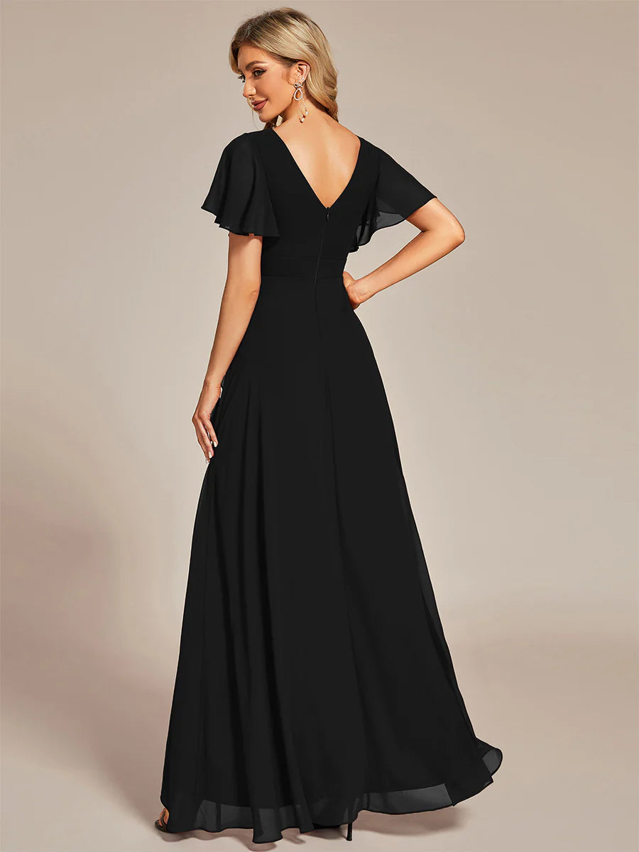 V Neck High Low Ruffles Chiffon Bridesmaid Dress - CALABRO®