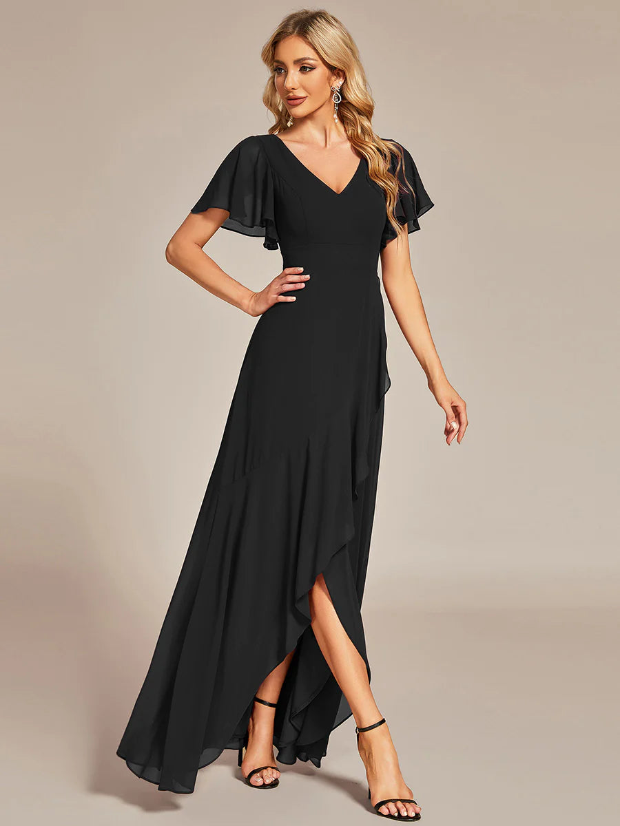 V Neck High Low Ruffles Chiffon Bridesmaid Dress - CALABRO®