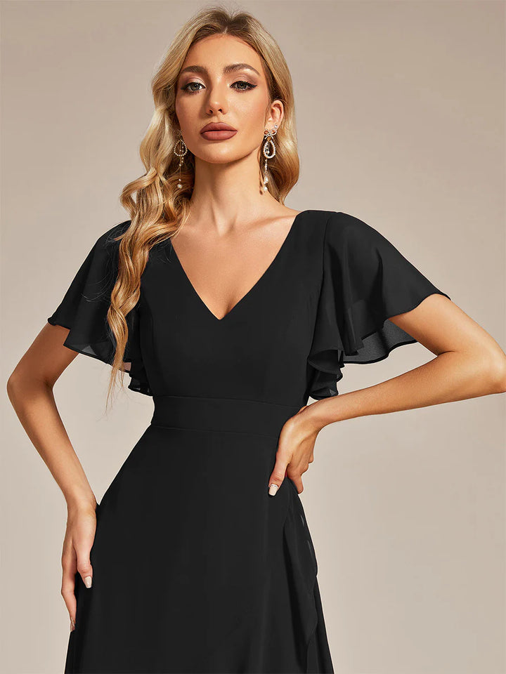 V Neck High Low Ruffles Chiffon Bridesmaid Dress - CALABRO®